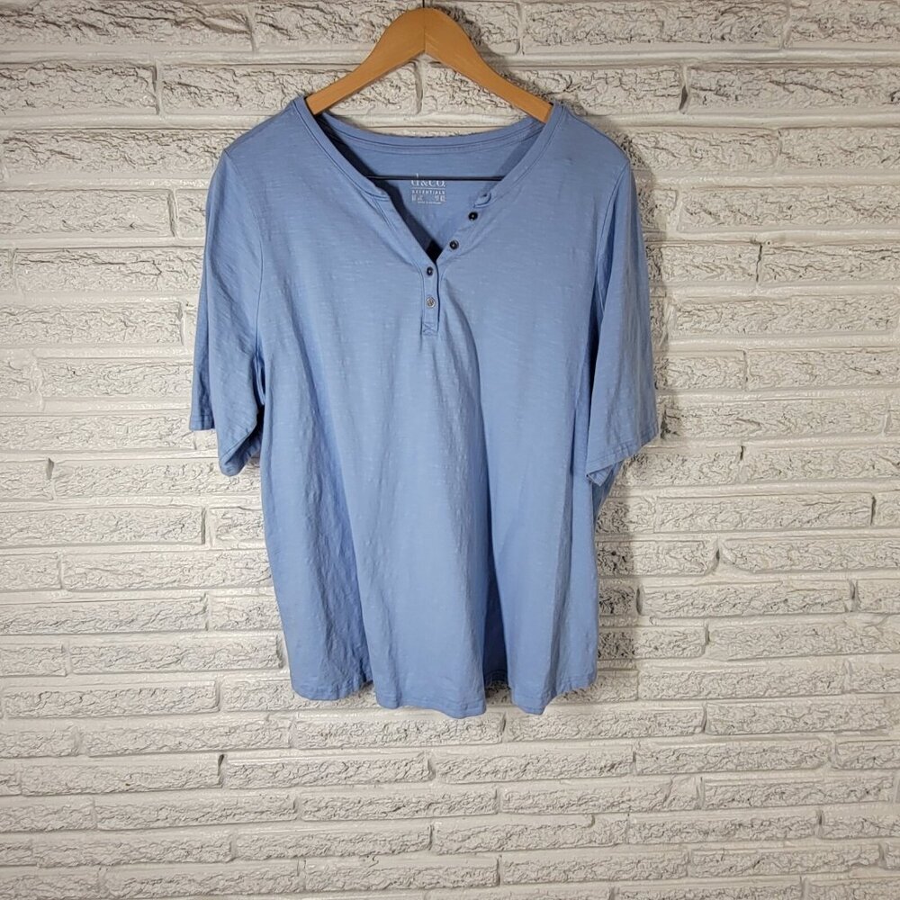 Denim & Co QVC 2X Plus Blue V Neck Button Up Top Short Sleeve BLU69E